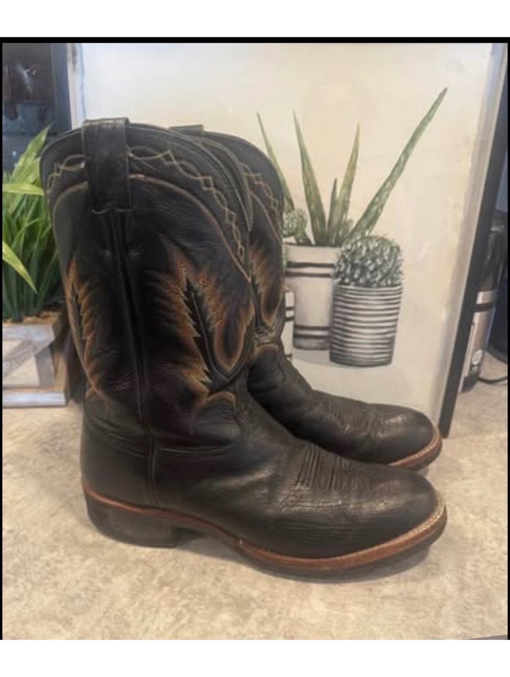 Vintage Larry Mahan Black Smooth Ostrich Roper Cowboy Boots Size 12